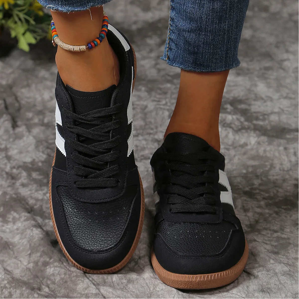 New Colorblock Lace-up Flats Shoes Fashion Round Toe