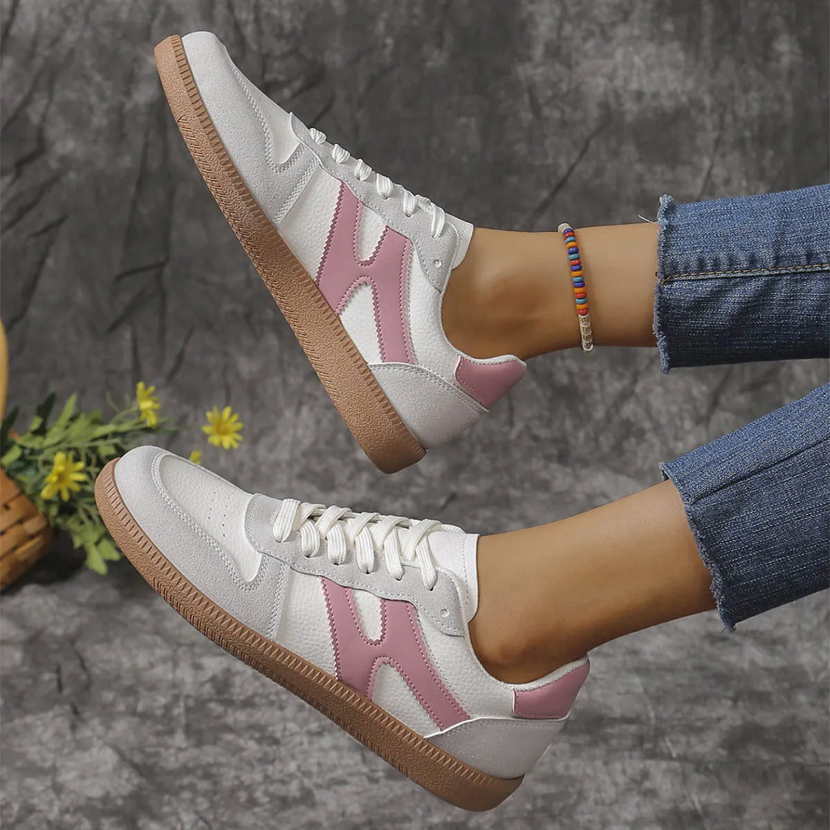 New Colorblock Lace-up Flats Shoes Fashion Round Toe