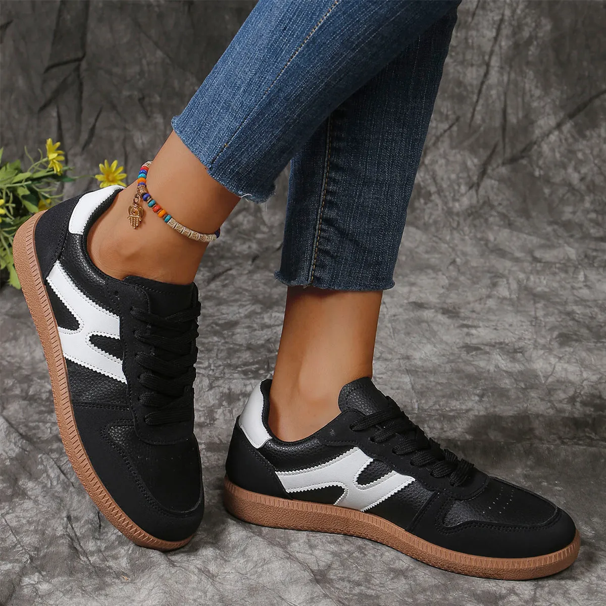 New Colorblock Lace-up Flats Shoes Fashion Round Toe