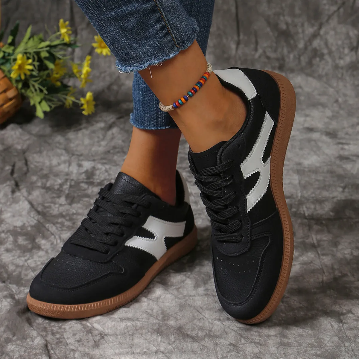 New Colorblock Lace-up Flats Shoes Fashion Round Toe