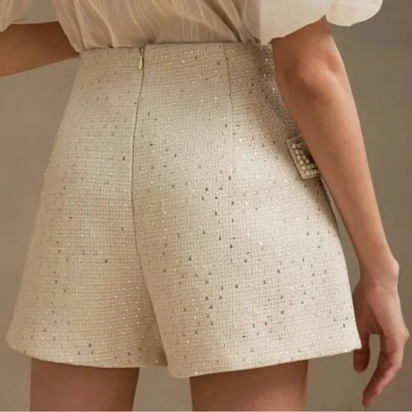 NWT Anewsta Chic And Versatile Pearl Double Breasted Shorts, Slimming Tweed