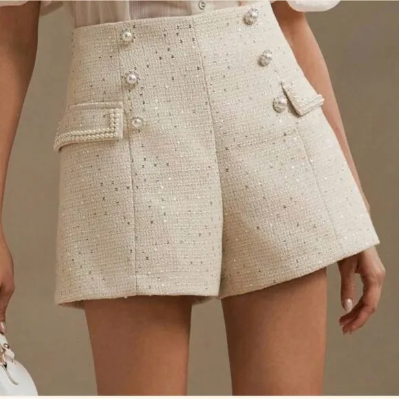 NWT Anewsta Chic And Versatile Pearl Double Breasted Shorts, Slimming Tweed