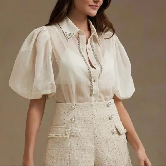 NWT Anewsta Chic And Versatile Pearl Double Breasted Shorts, Slimming Tweed
