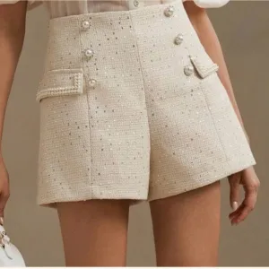 NWT Anewsta Chic And Versatile Pearl Double Breasted Shorts, Slimming Tweed