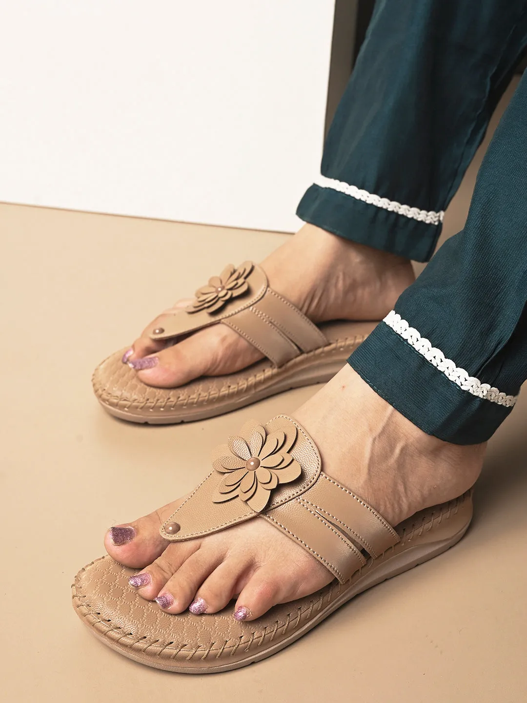 Orthopedic Flat Slippers - Flower Embellishment Flats