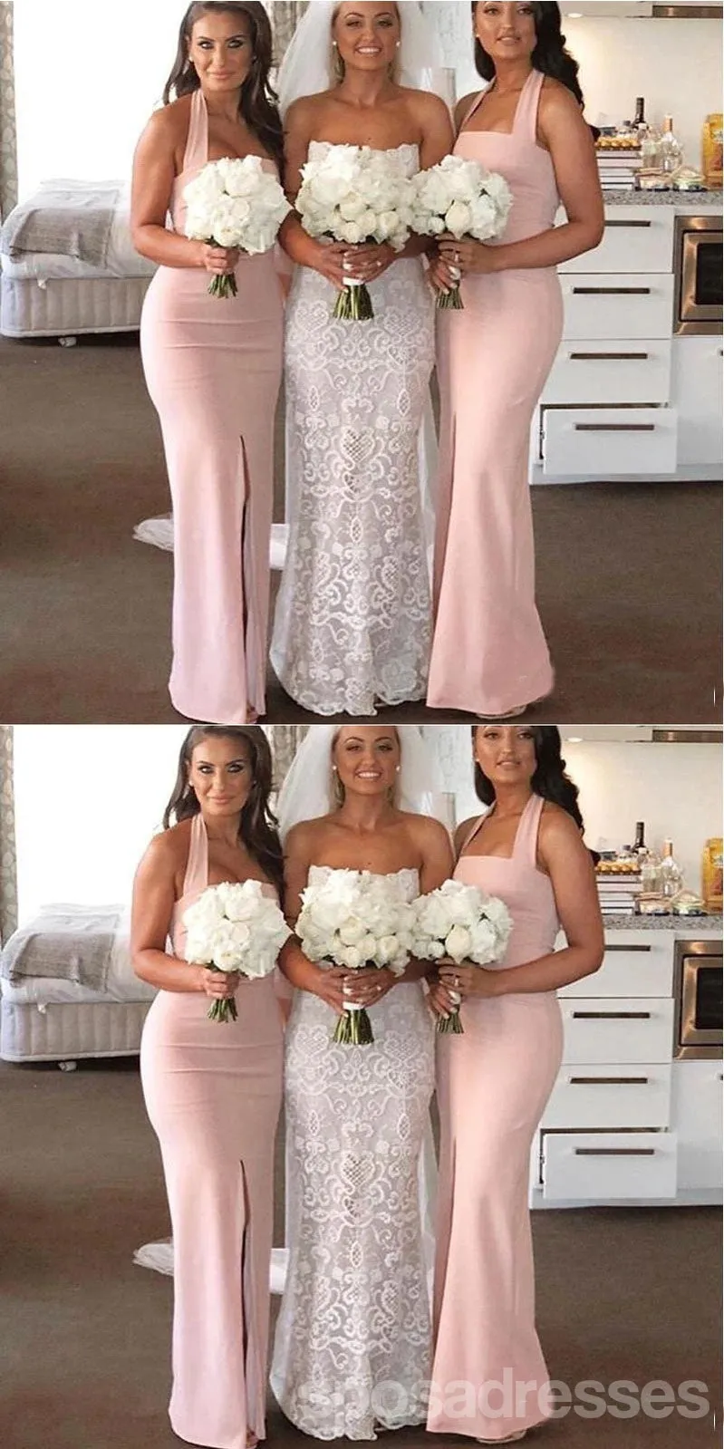 Pink Mermaid Halter Side Slit Cheap Long Bridesmaid Dresses,WG1516