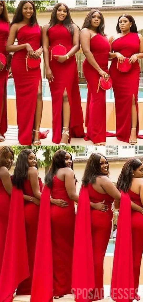 Red Mermaid One Shoulder Side Slit Long Bridesmaid Dresses Online, WG849