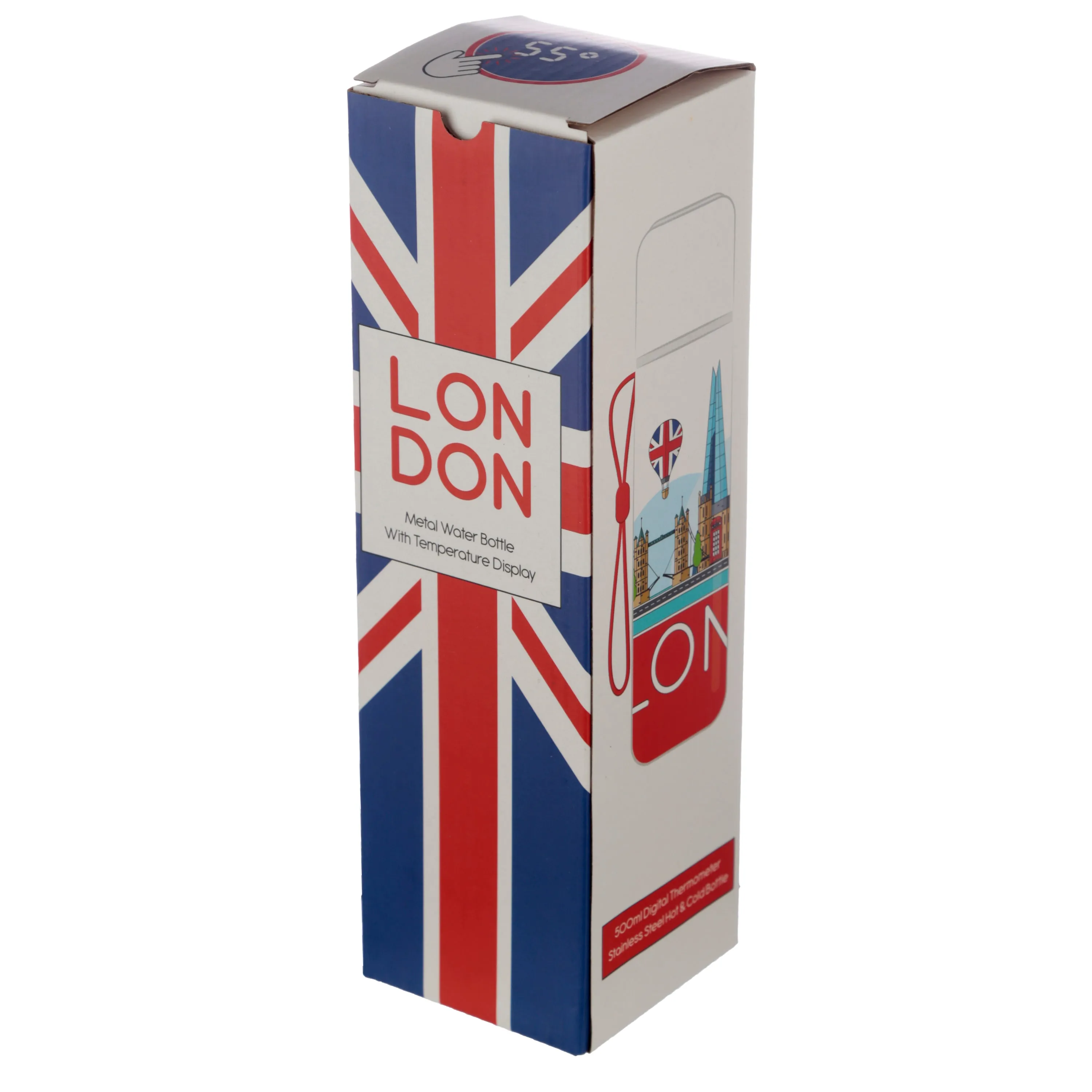 Reusable Stainless Steel Hot & Cold Insulated Drinks Bottle Digital Thermometer - London Icons