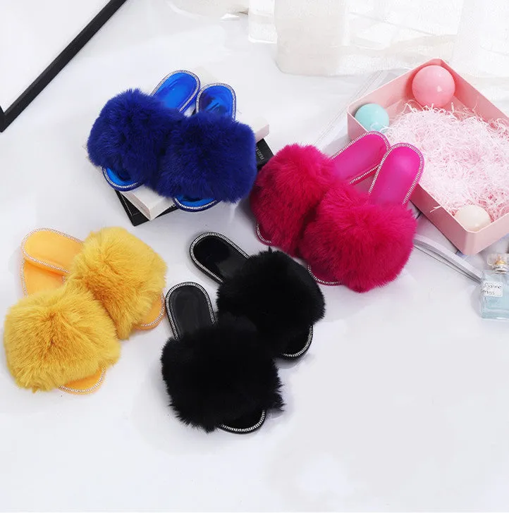 Rhinestone solid color plush slippers(JD0011)