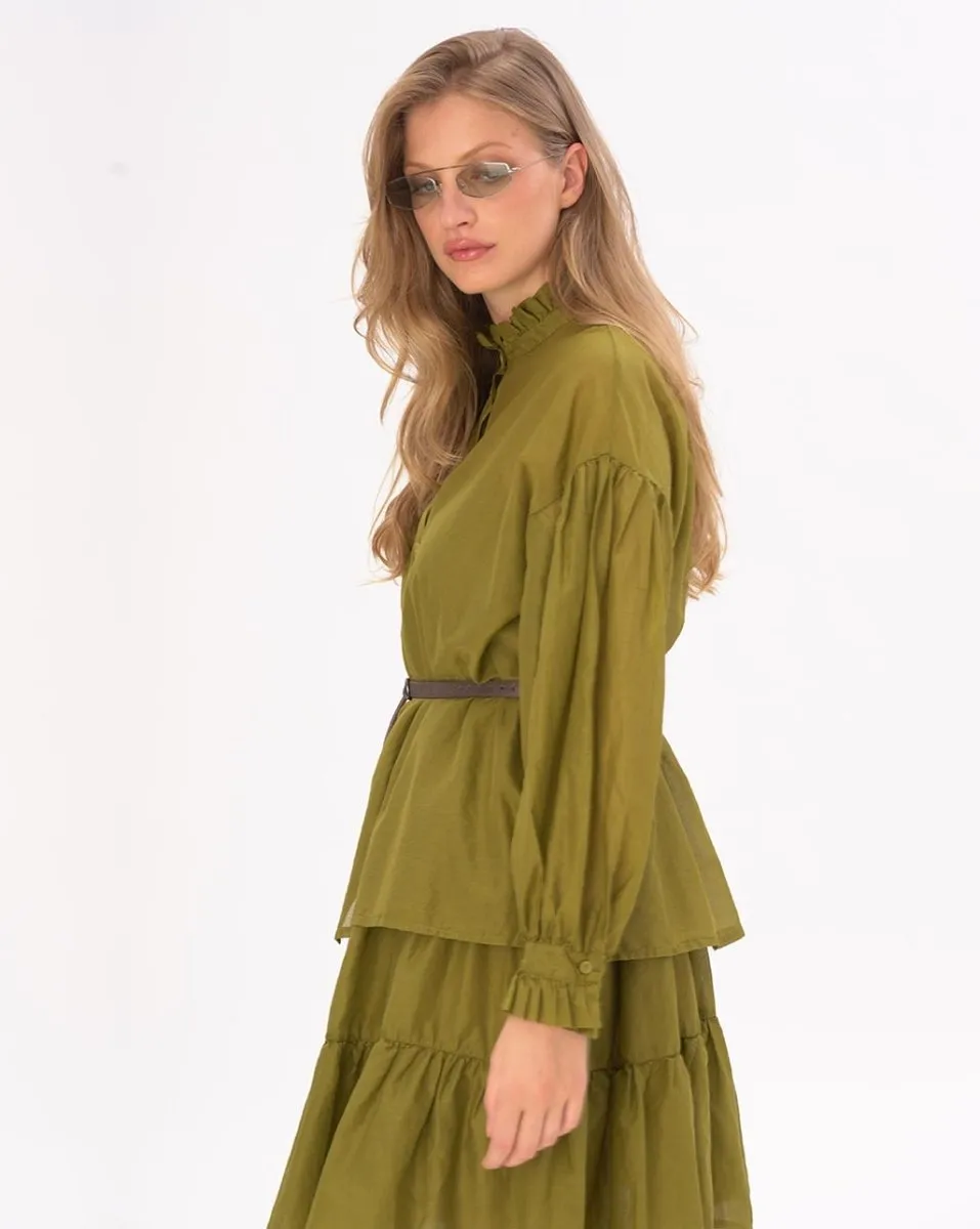 Ruffled Collar Button Up Cotton Shirt
