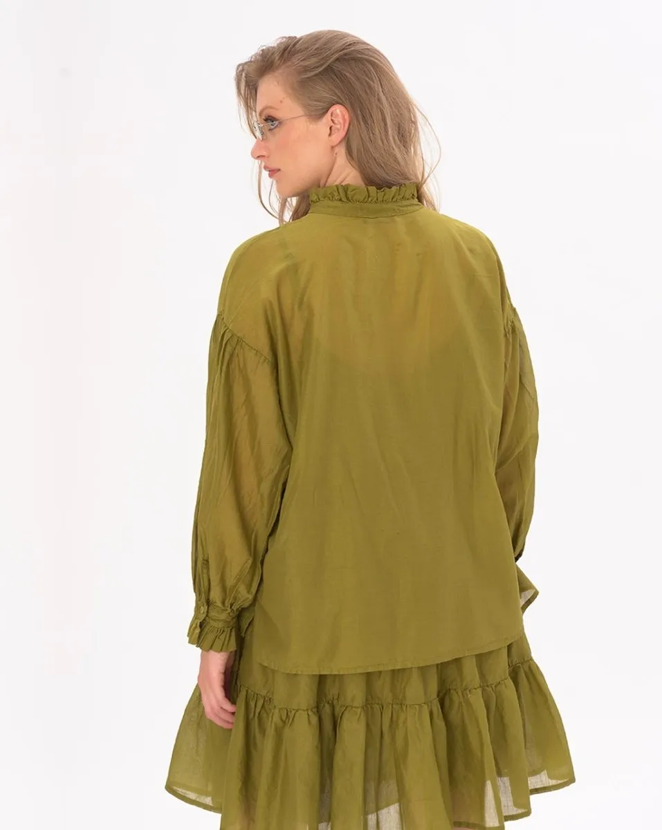 Ruffled Collar Button Up Cotton Shirt
