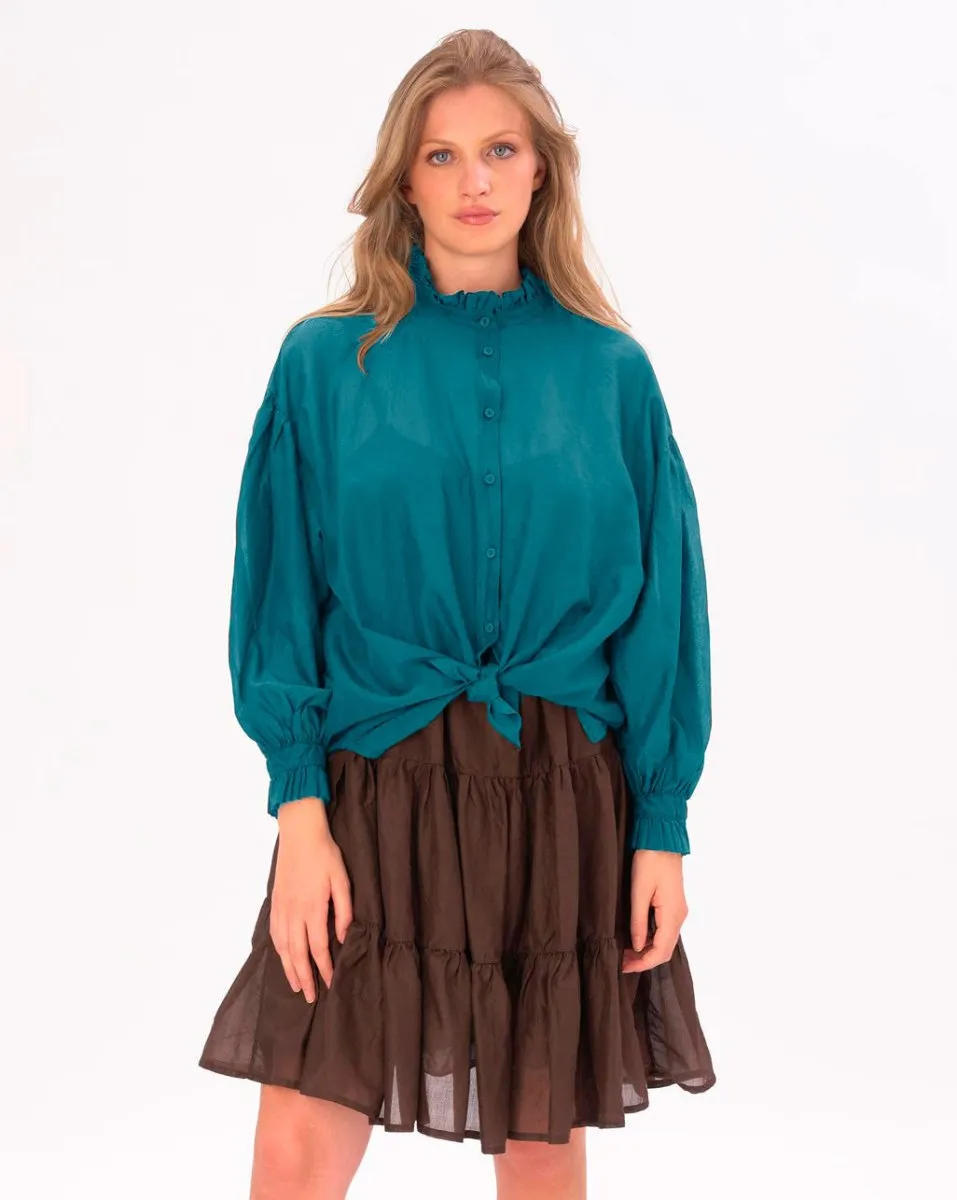 Ruffled Collar Button Up Cotton Shirt