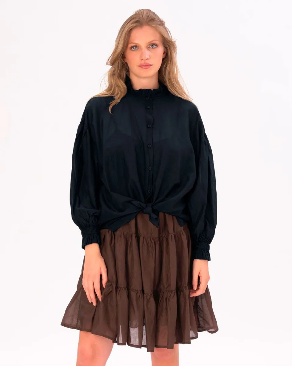 Ruffled Collar Button Up Cotton Shirt