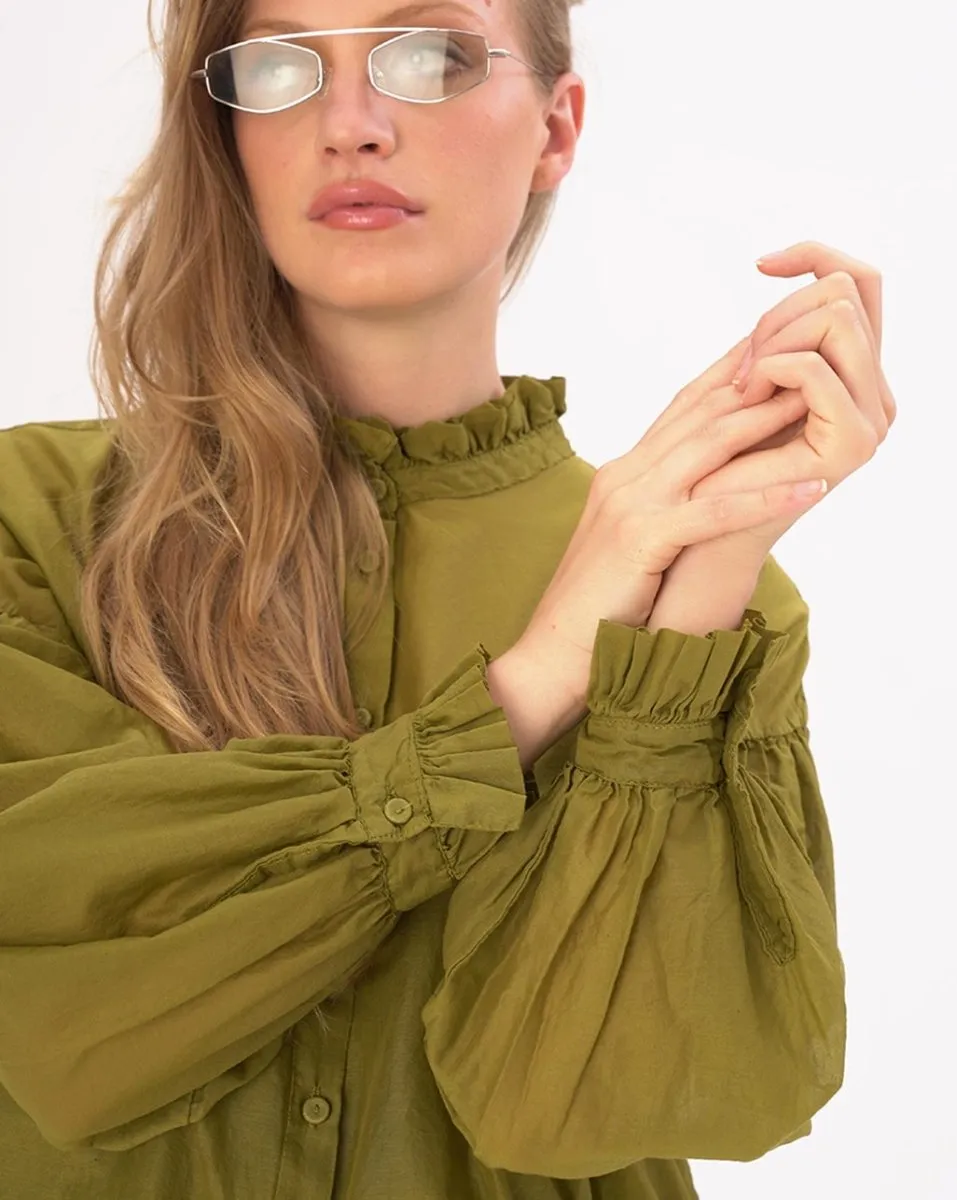 Ruffled Collar Button Up Cotton Shirt