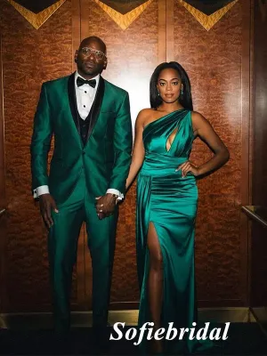 Sexy Dark-Green Soft Satin One Shoulder Side Slit Mermaid Long Prom Dresses, PD0953