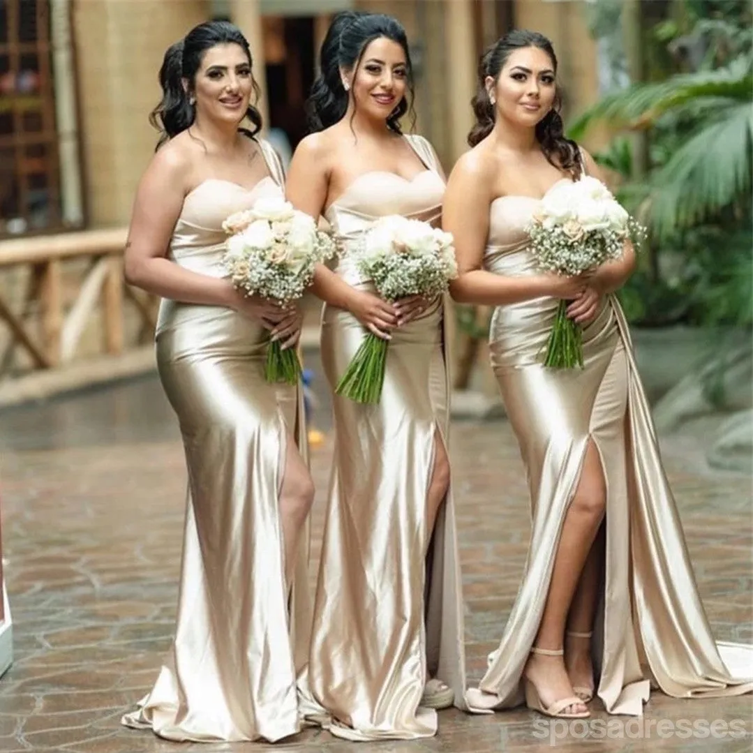 Sexy Mermaid Champagne One Shoulder High Slit Long Bridesmaid Dresses Gown Online,WG1111