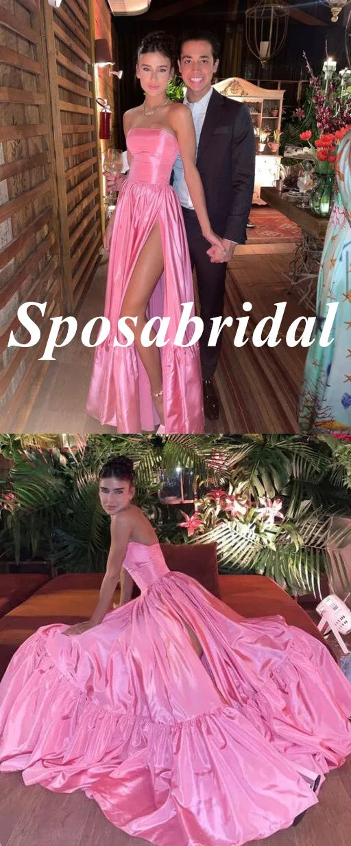 Sexy Pink Elastic-Satin Sweetheart Side Slit A-Line Long Prom Dresses, PD3801