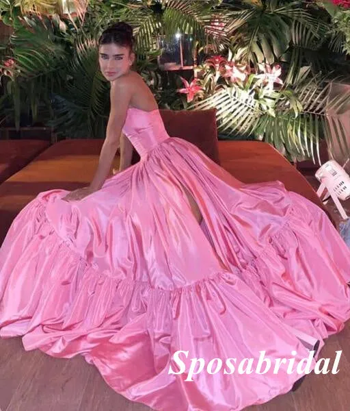 Sexy Pink Elastic-Satin Sweetheart Side Slit A-Line Long Prom Dresses, PD3801