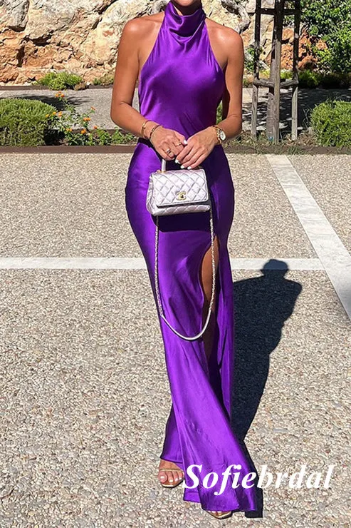 Sexy Soft Satin Halter Sleeveless Mermaid Long Prom Dresses, PD01005