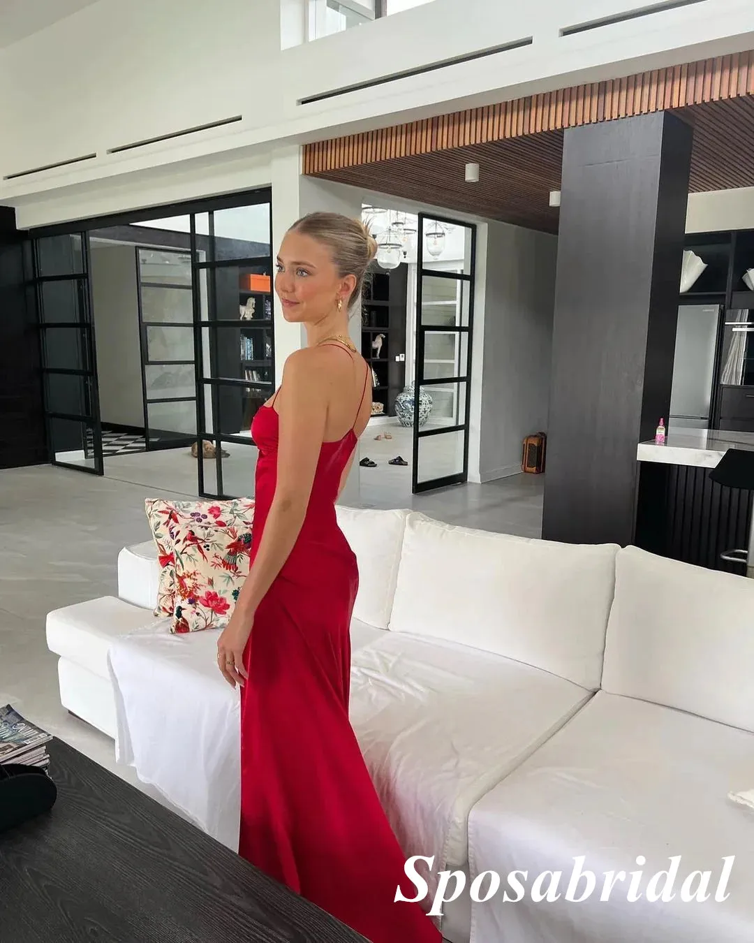 Sexy Soft Satin Spaghetti Straps Criss Cross Side Slit Mermaid Long Prom Dresses, PD3883