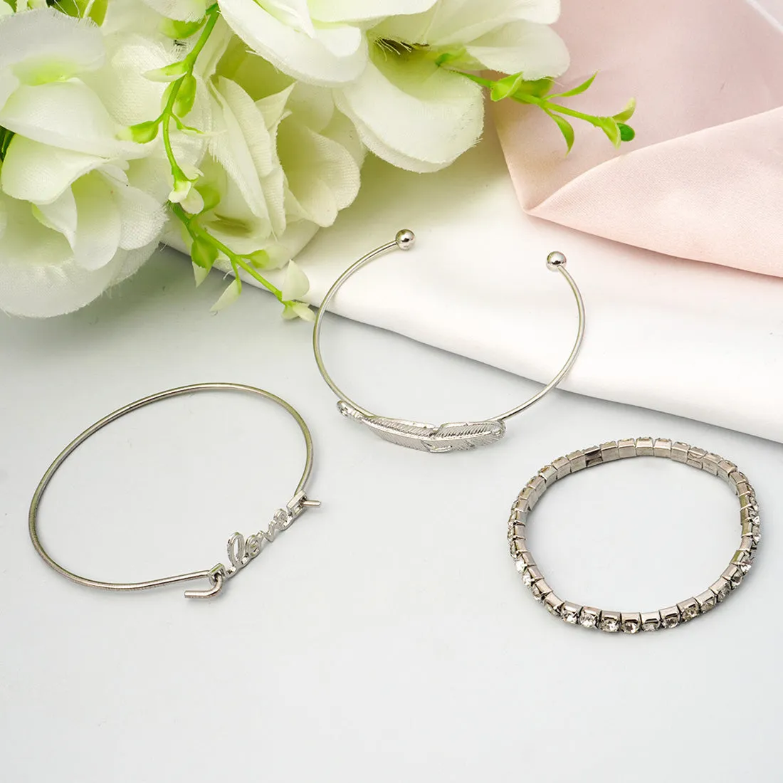 Silver Love Feather Bracelet Set Of 3