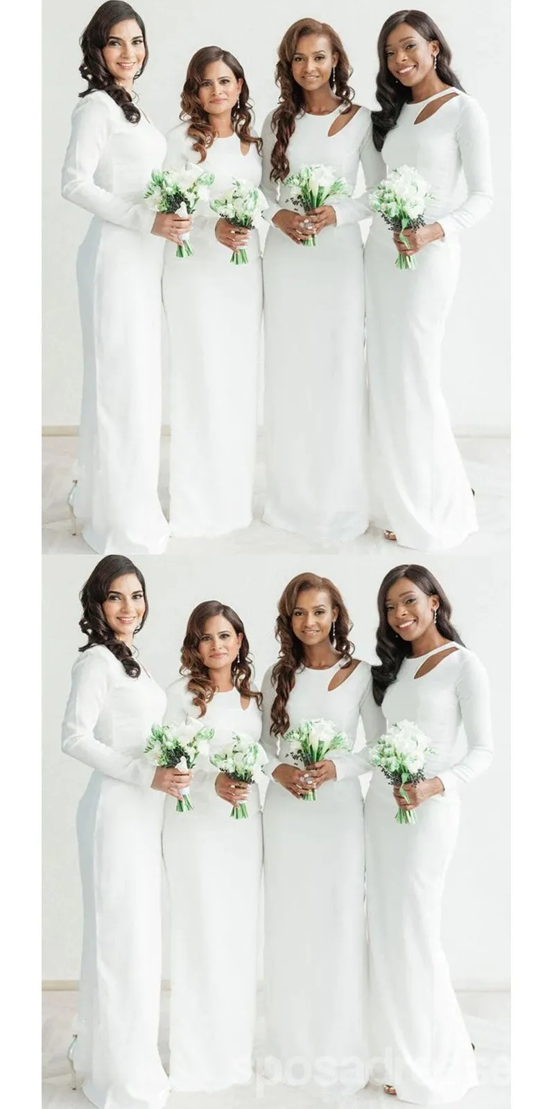 Simple White Mermaid Long Sleeves Cheap Bridesmaid Dresses,WG1552