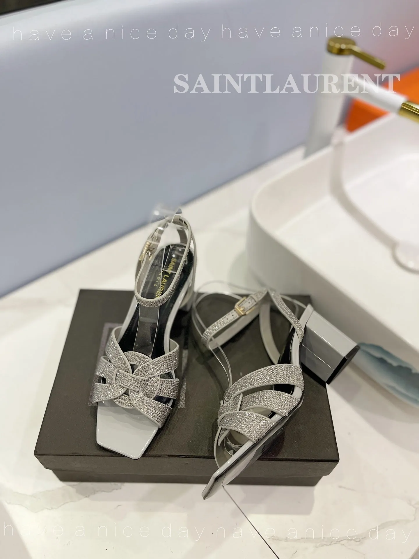 SL TRIBUTE CRYSTAL SANDALS LIGHT GRAY CALFSKIN