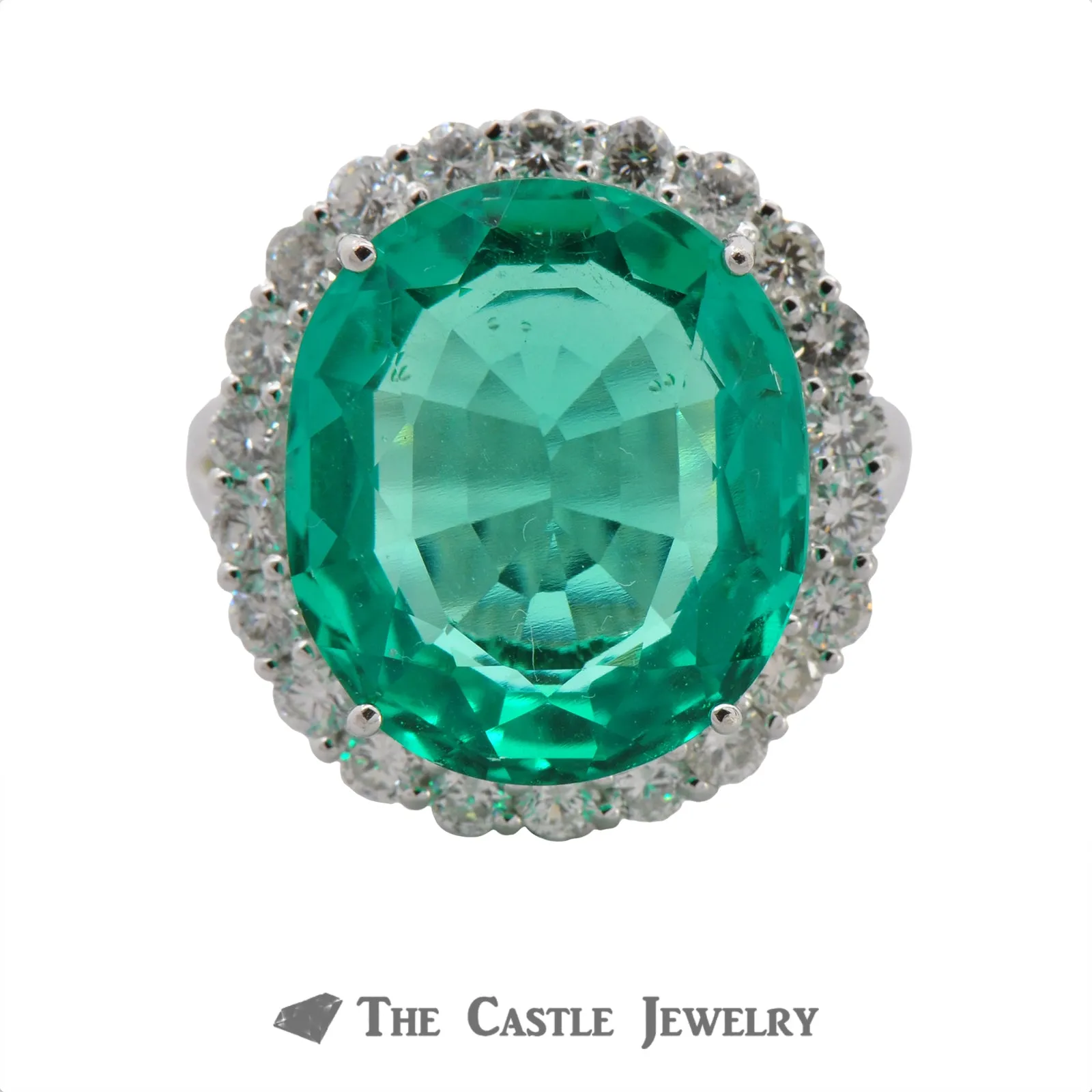 Synthetic Light Green Russian Green Beryl Ring with Diamond Halo