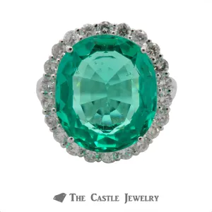 Synthetic Light Green Russian Green Beryl Ring with Diamond Halo