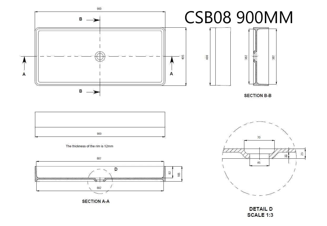 Toka Lite Slimline Rectangular Basin - 900mm - CSB08