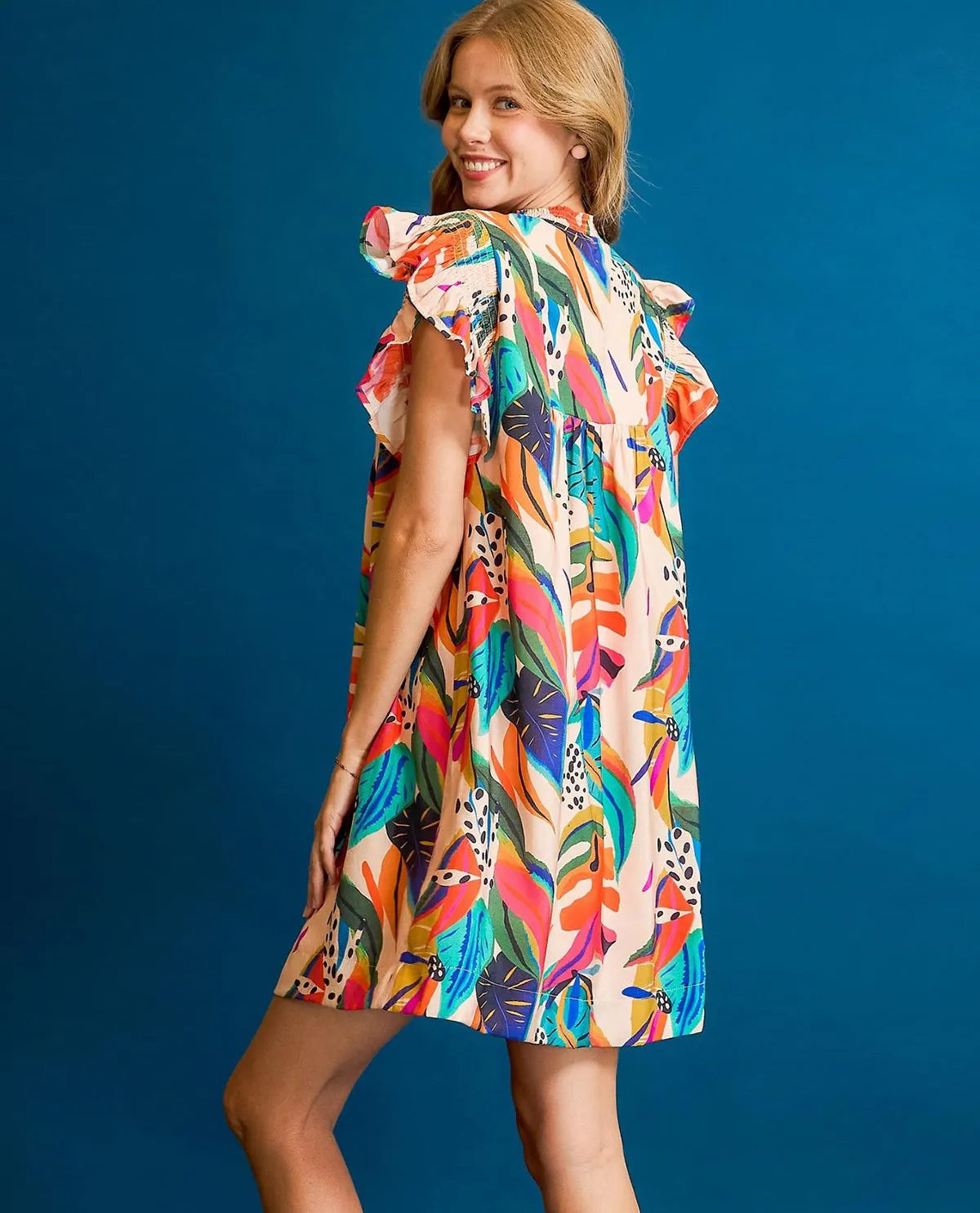 Tropical Flutter Sleeve Babydoll Dress