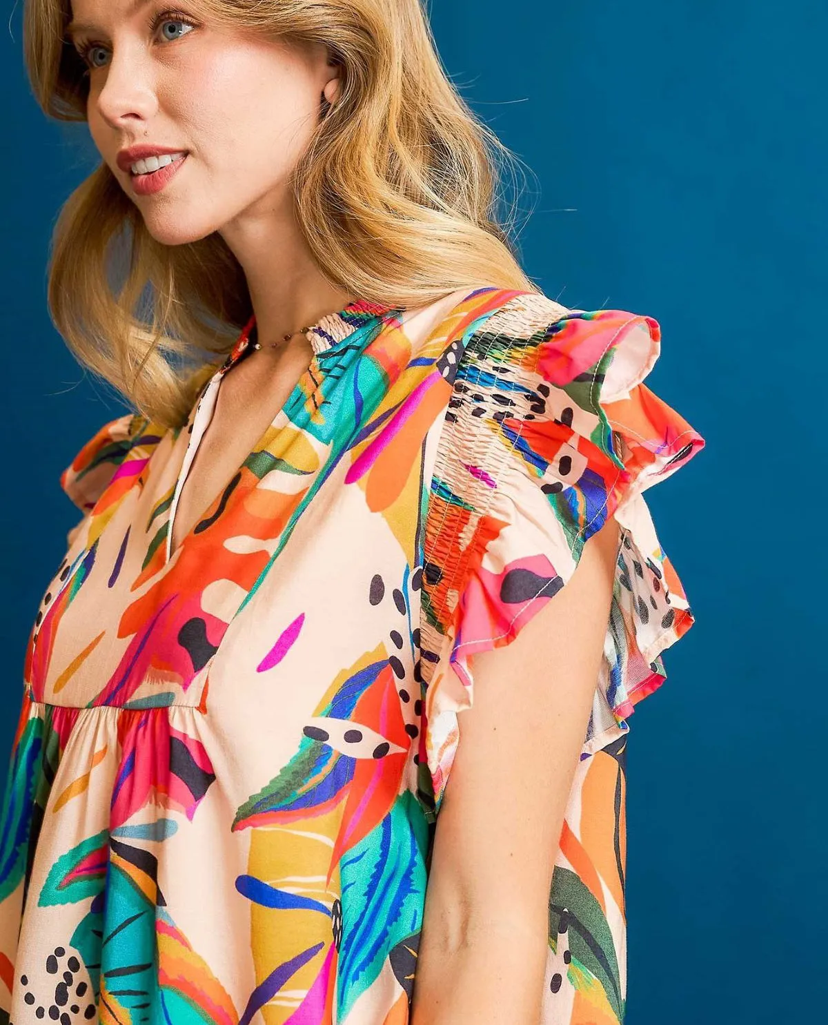 Tropical Flutter Sleeve Babydoll Dress