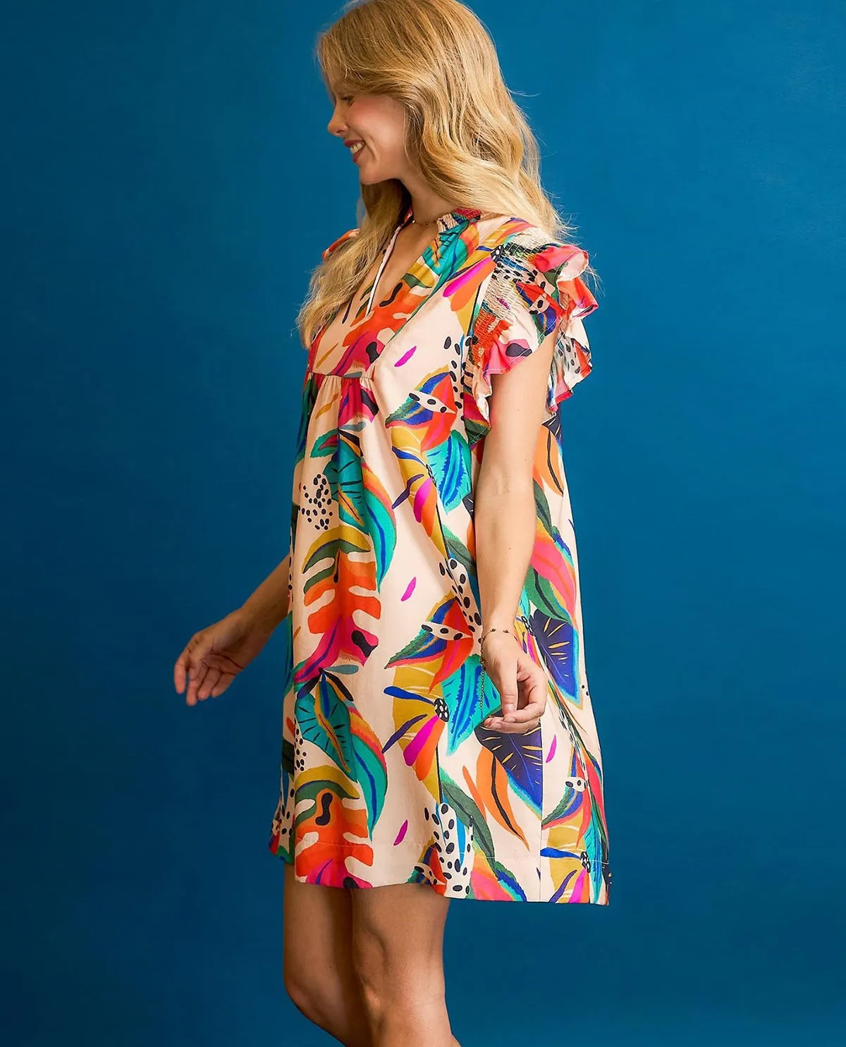 Tropical Flutter Sleeve Babydoll Dress