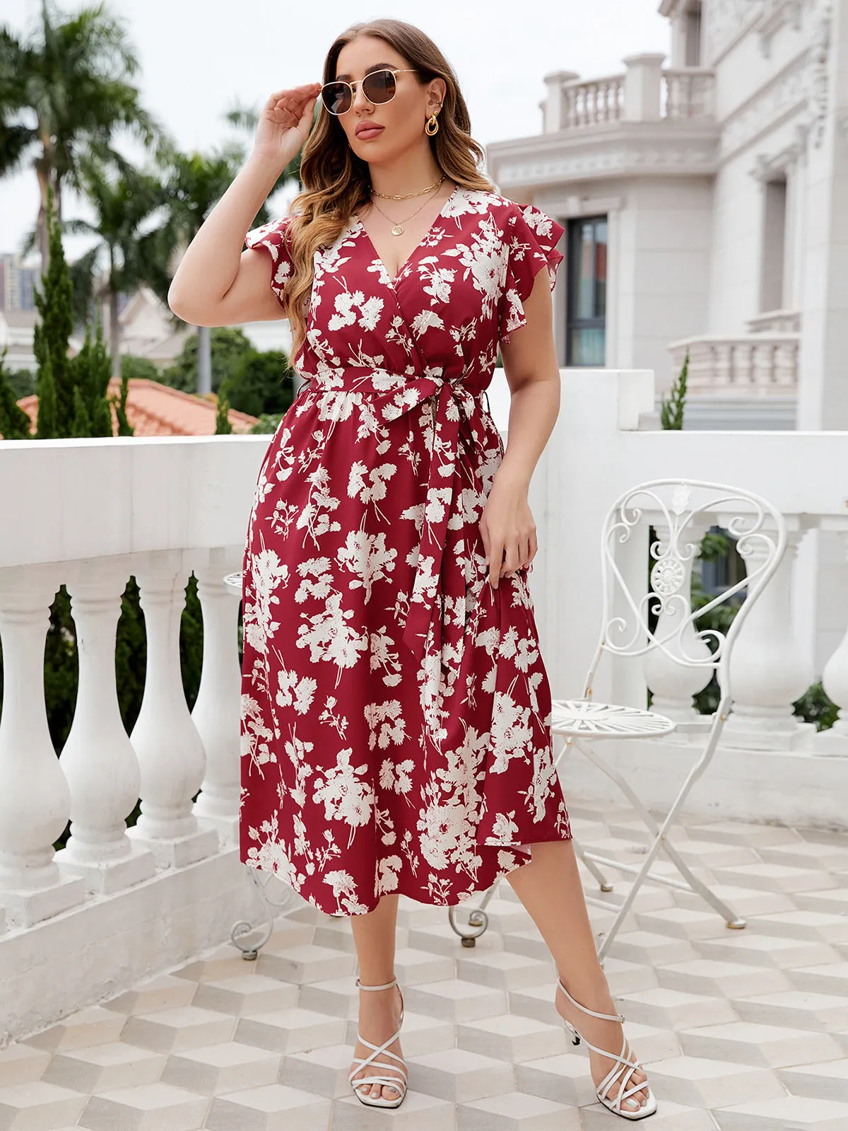 V neck Plus Size Red Floral Dress
