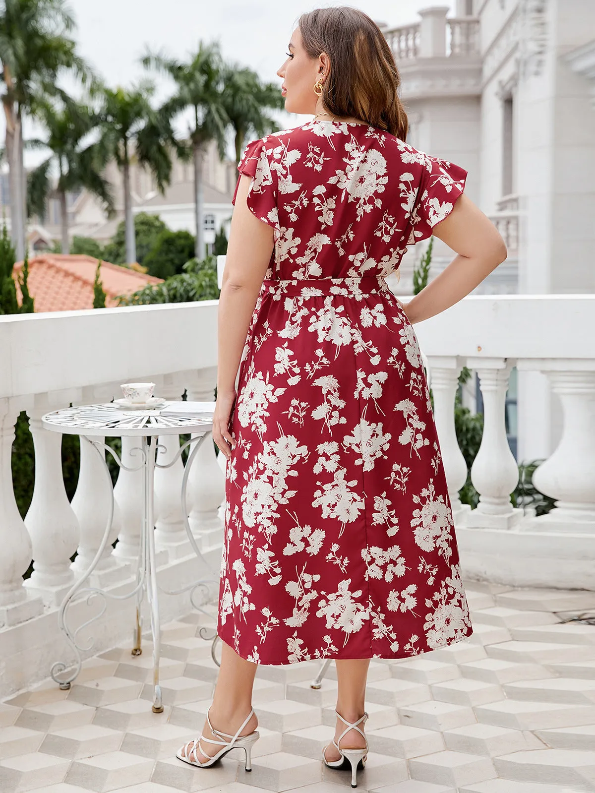 V neck Plus Size Red Floral Dress