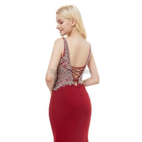 V Neck Red Mermaid Beaded Evening Prom Dresses, Evening Party Prom Dresses, 12055