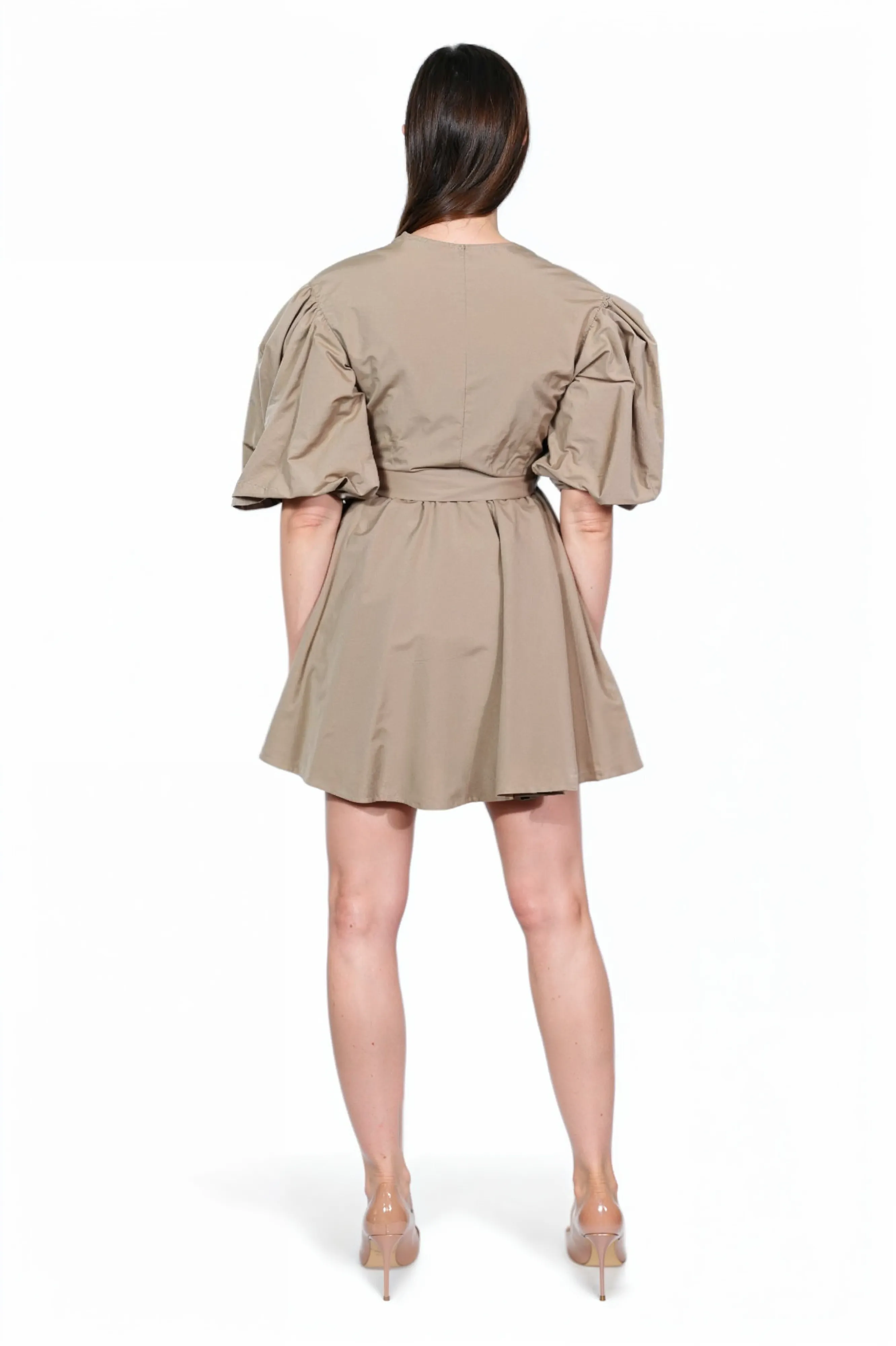 Valentino Puff-Sleeve Wrap Mini Dress in Taupe