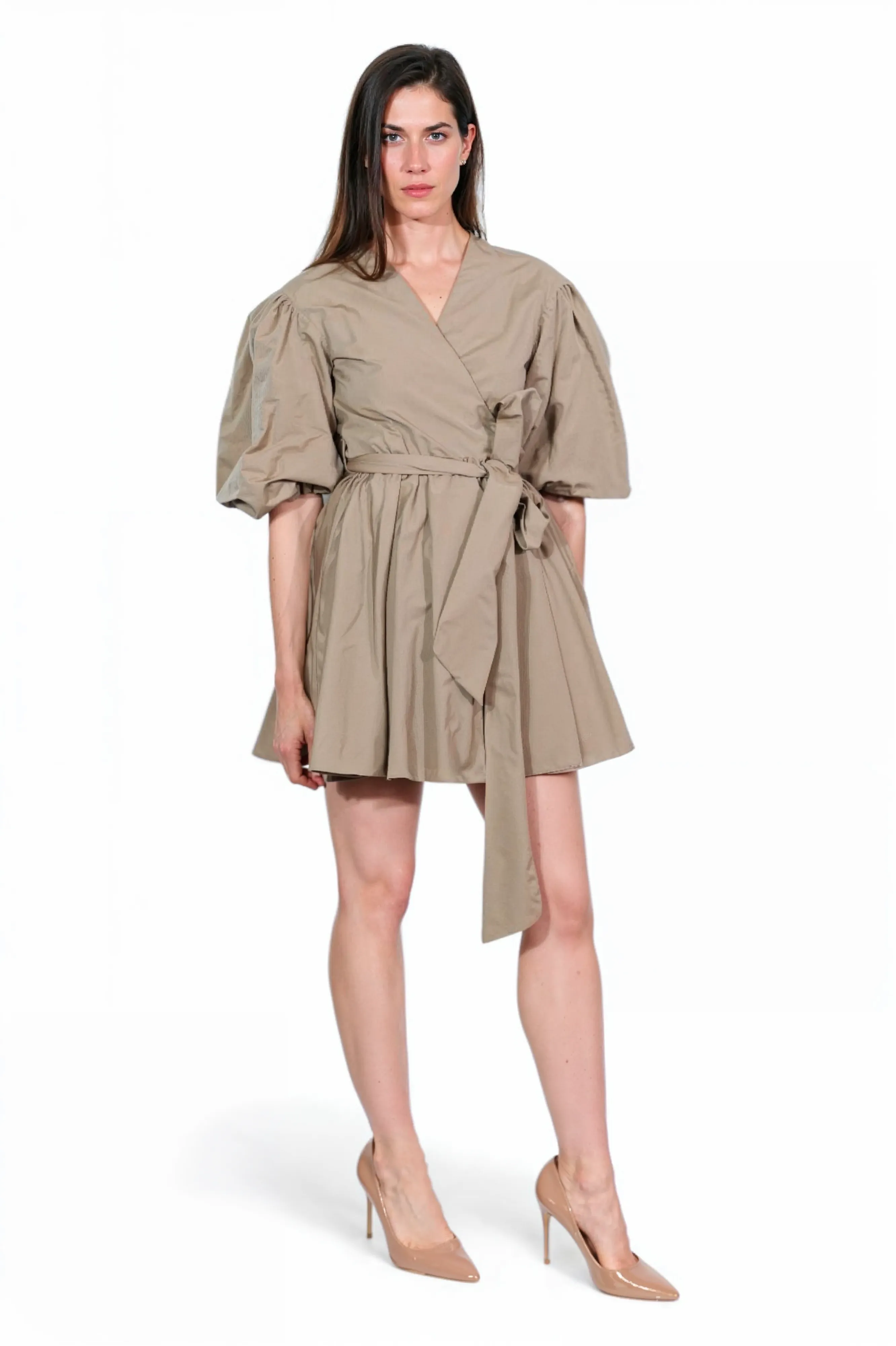Valentino Puff-Sleeve Wrap Mini Dress in Taupe