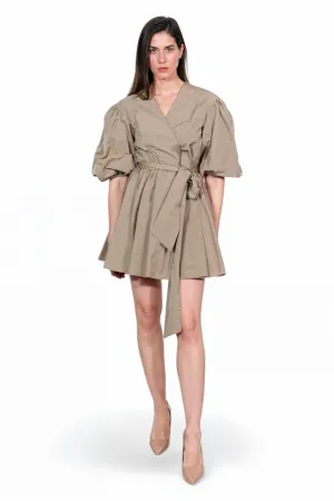 Valentino Puff-Sleeve Wrap Mini Dress in Taupe