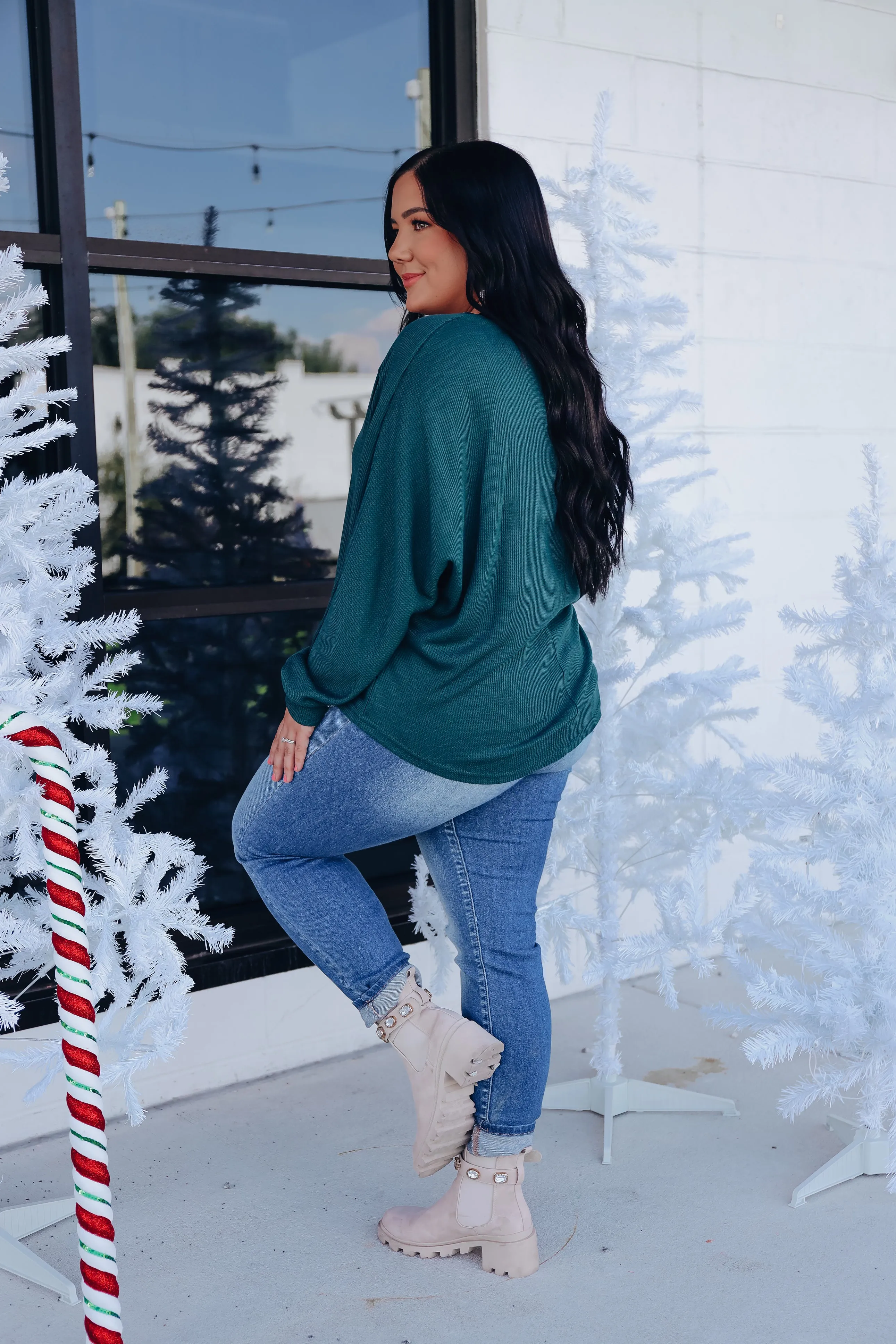 Velour Accent Raglan Sleeve Top - Green