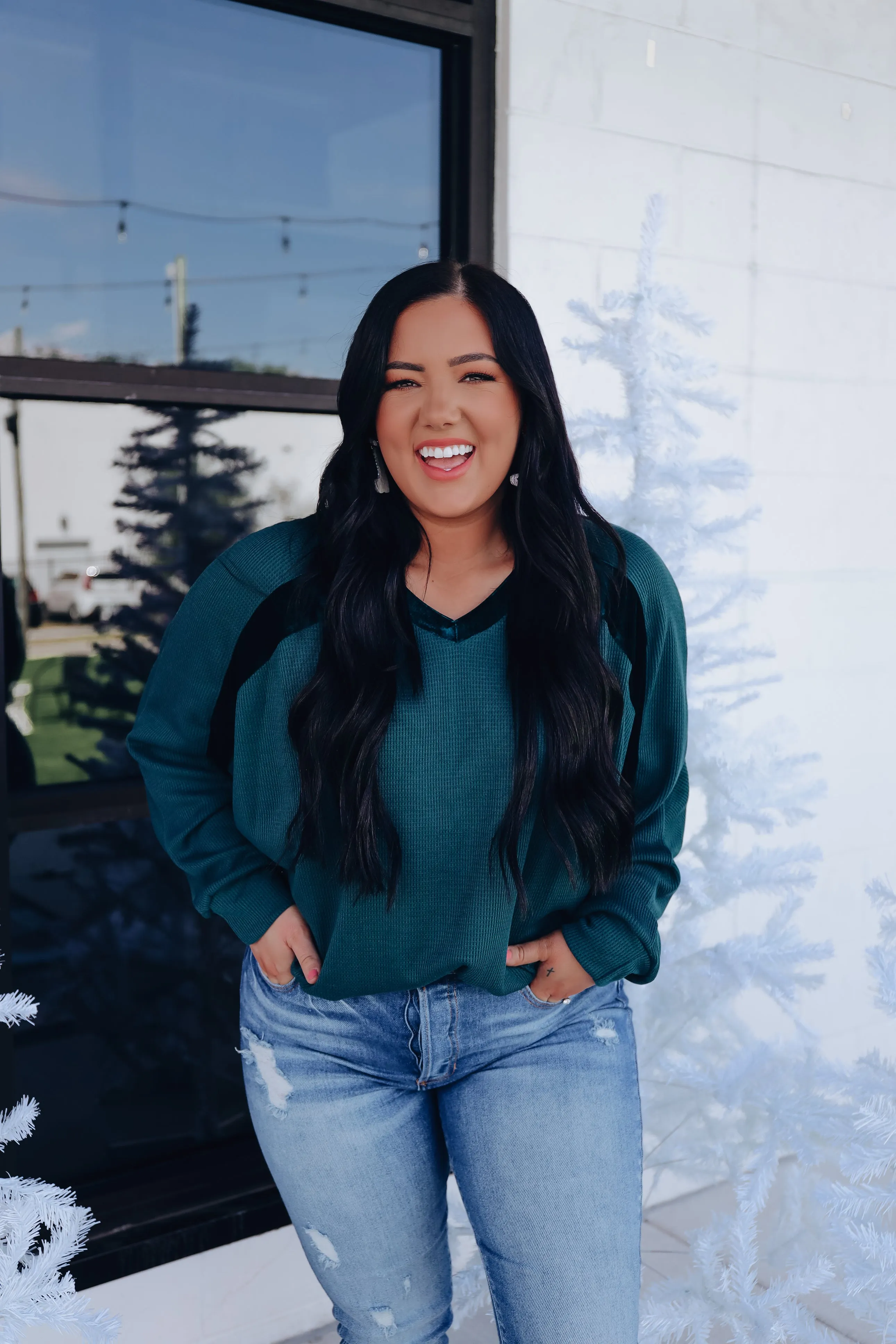 Velour Accent Raglan Sleeve Top - Green
