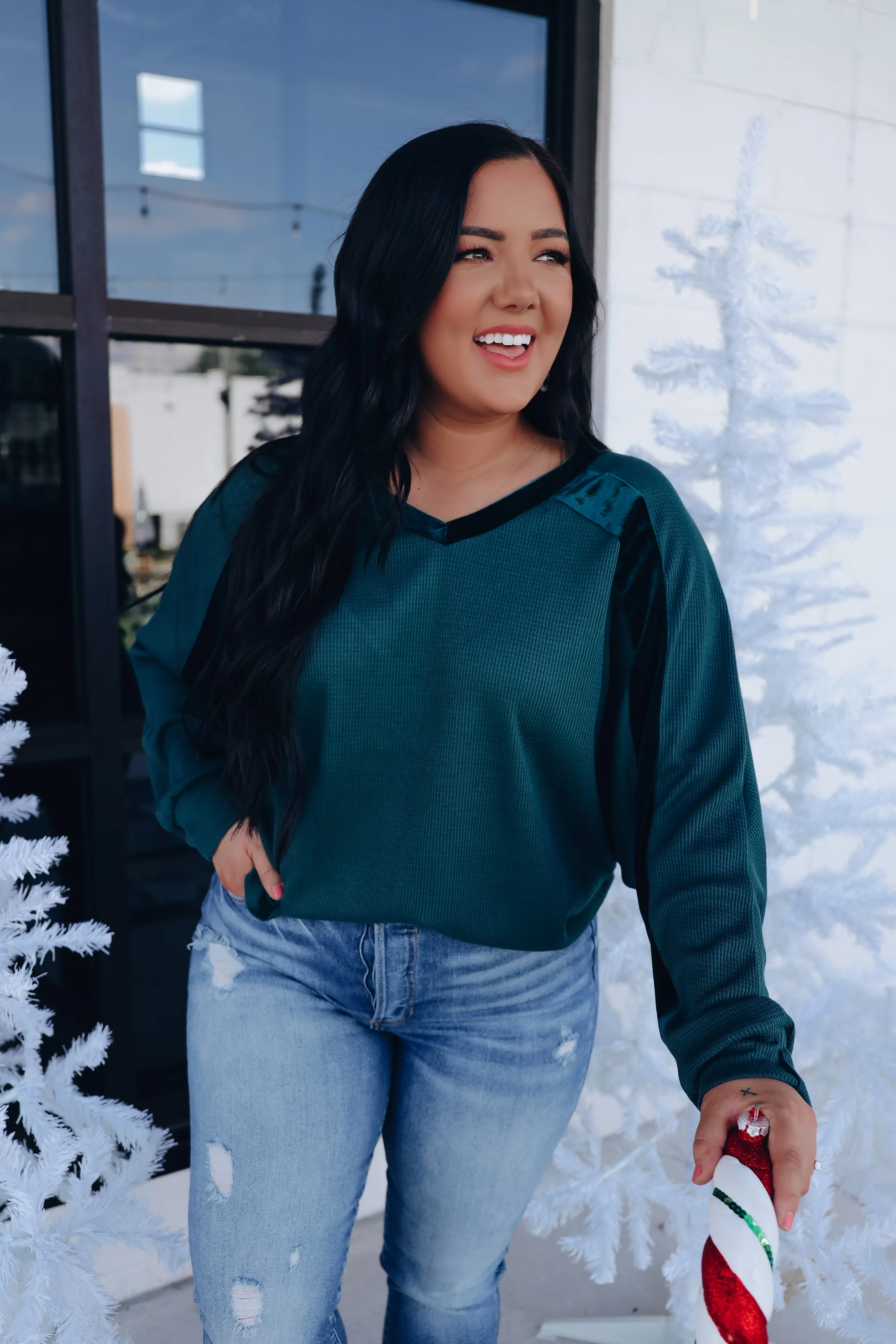 Velour Accent Raglan Sleeve Top - Green
