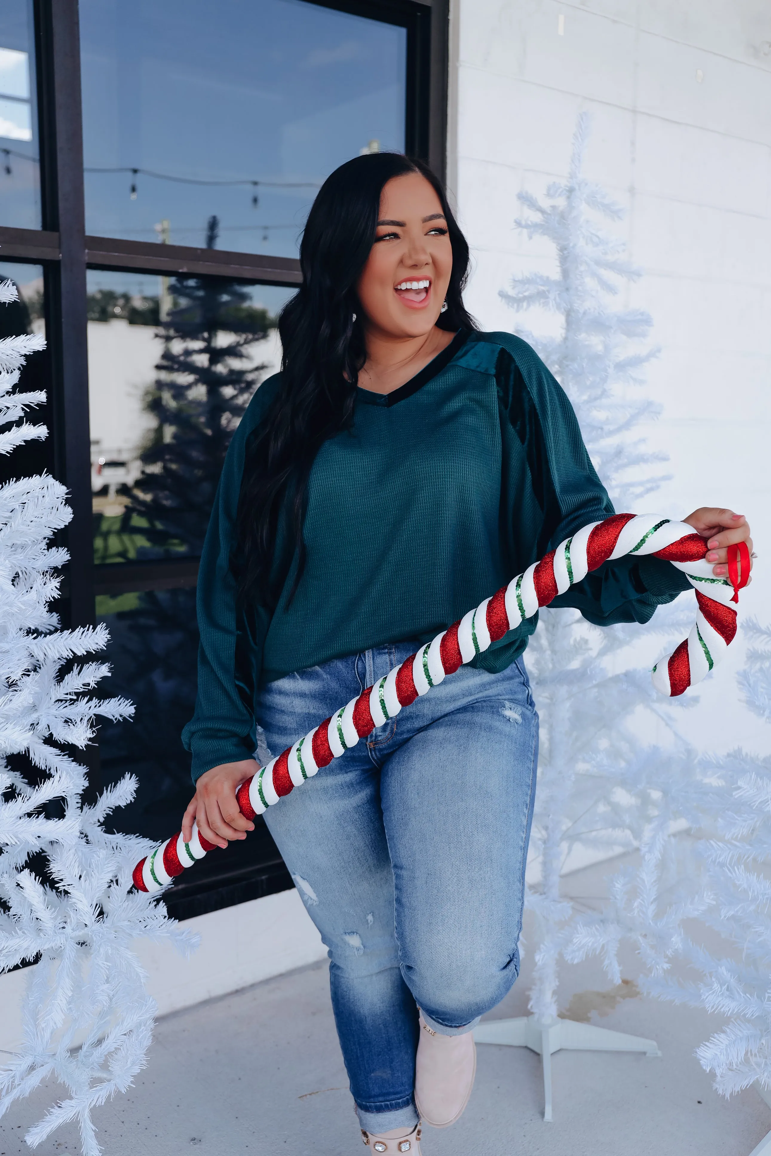 Velour Accent Raglan Sleeve Top - Green