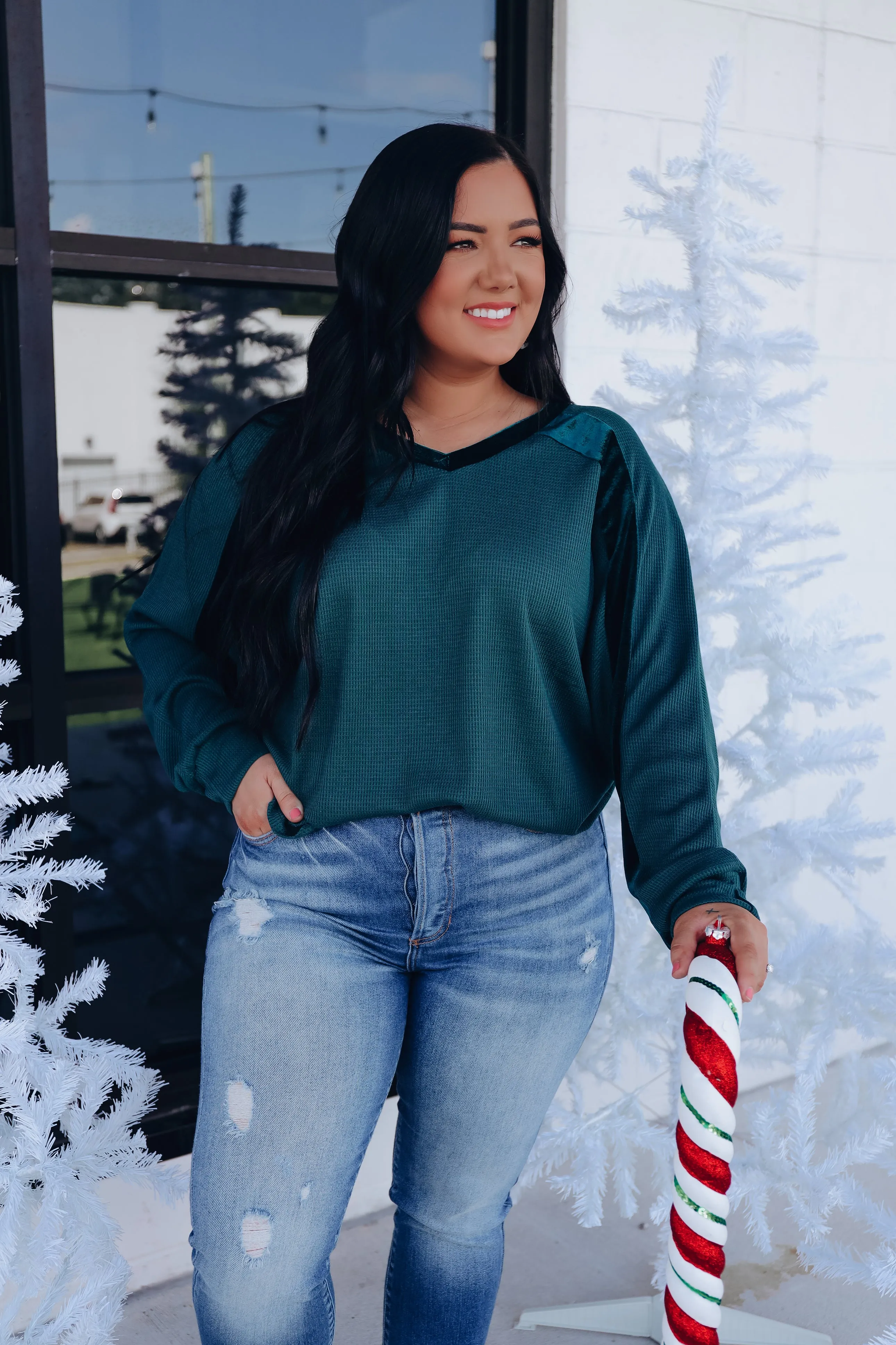 Velour Accent Raglan Sleeve Top - Green