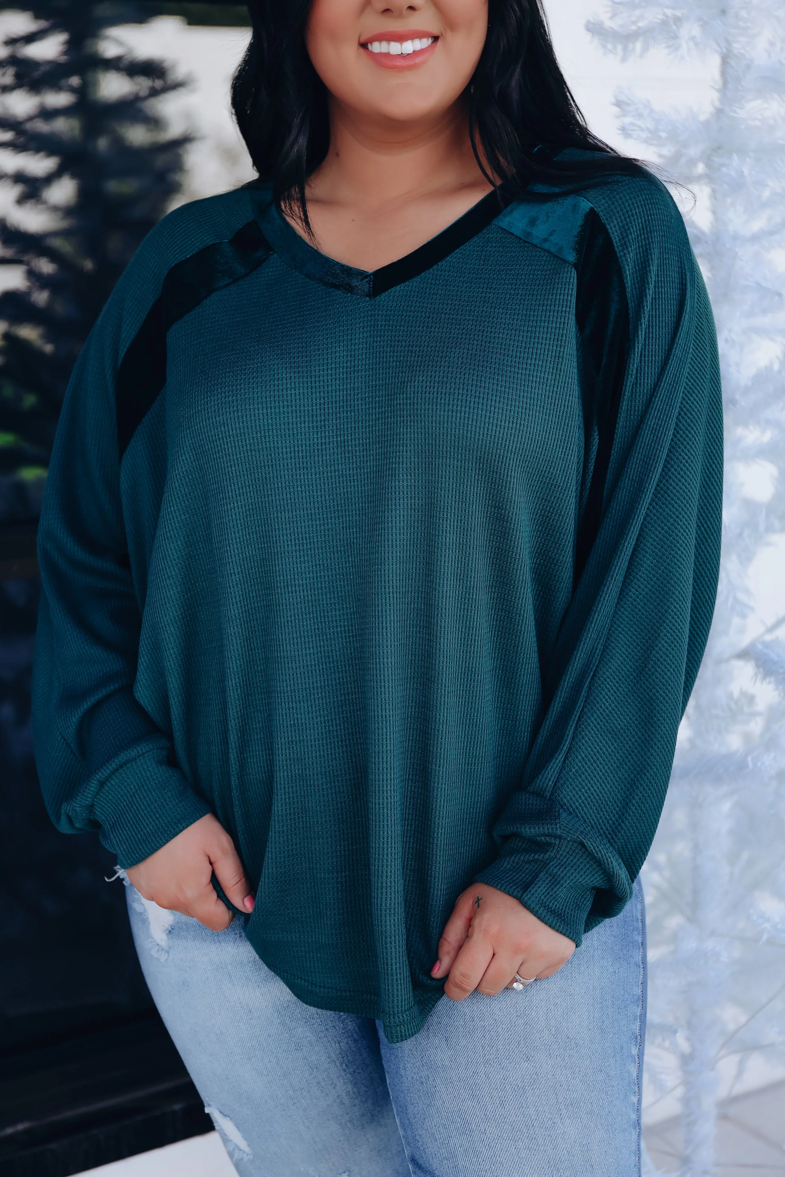 Velour Accent Raglan Sleeve Top - Green