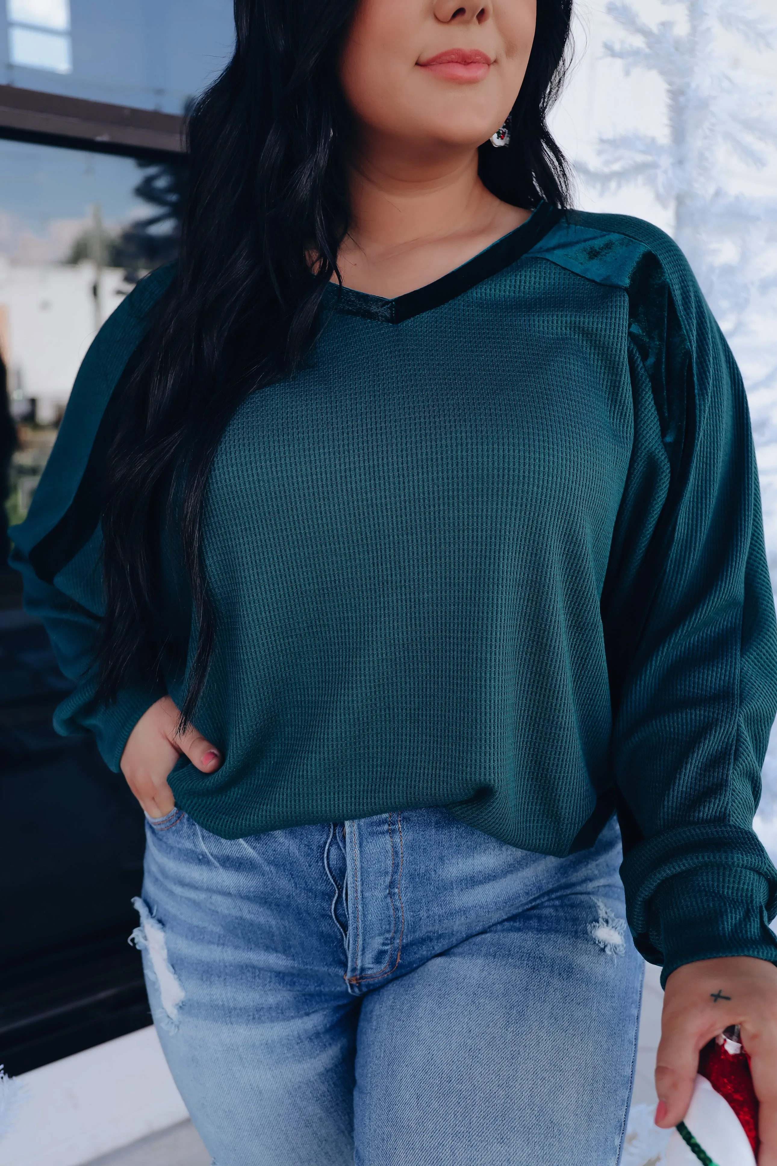 Velour Accent Raglan Sleeve Top - Green