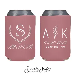 Wedding Can Cooler #202R - Wreath Monogram