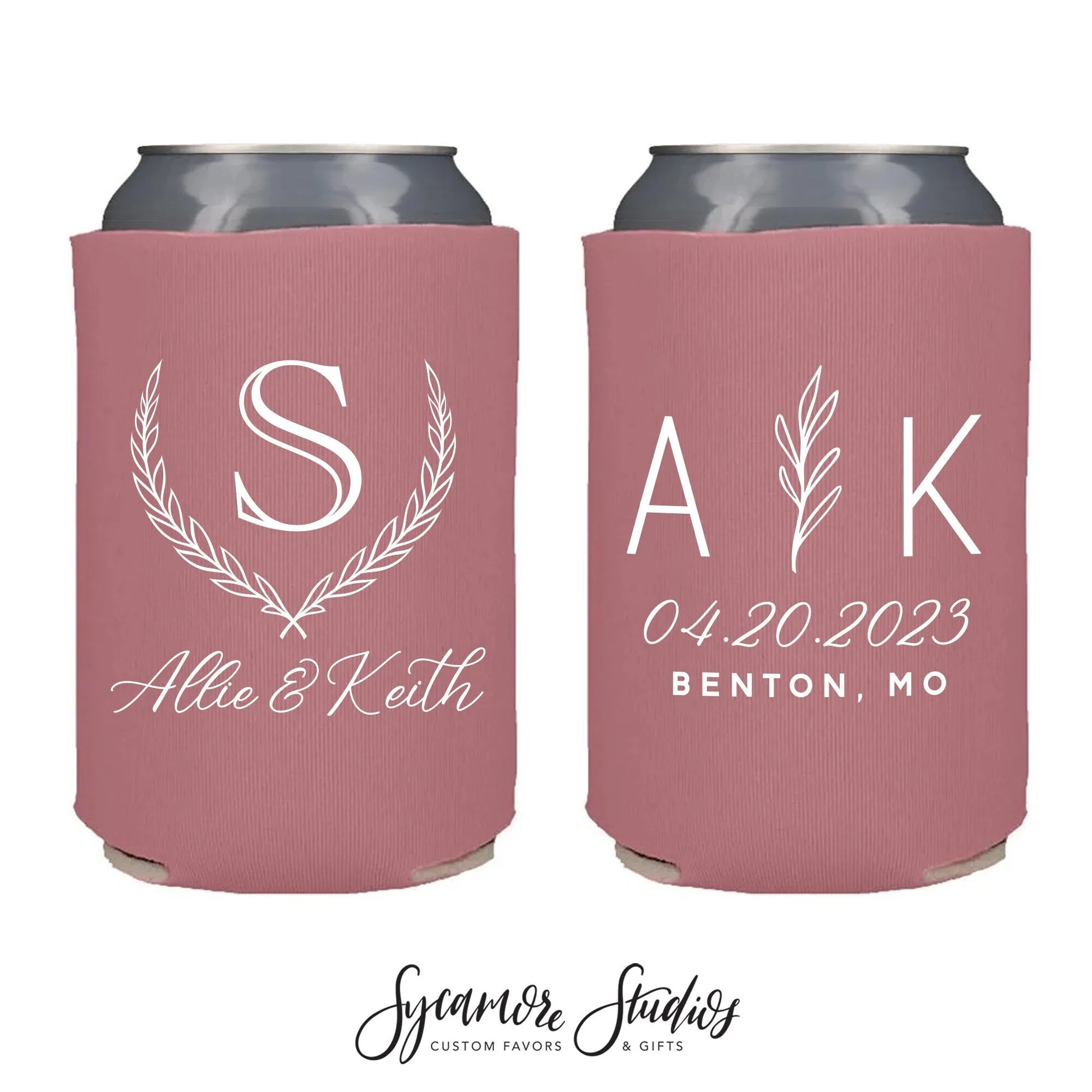 Wedding Can Cooler #202R - Wreath Monogram