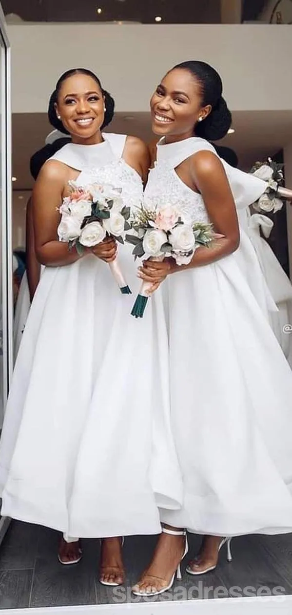 White Halter A-line Lace Applique Long Bridesmaid Dressing Gown Online,WG1072