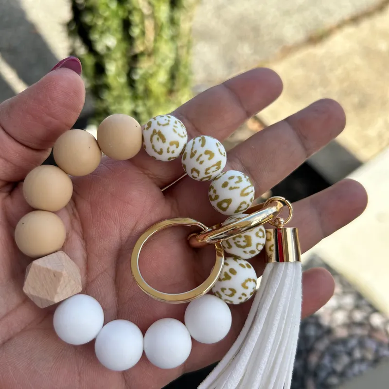 White Leopard & Pink Silicone Wristlet Keychain